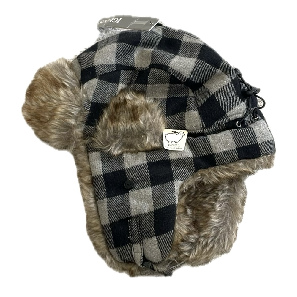 NWT Igloos Wool Blend Buffalo Plaid Check Faux Fur Trapper Hat Mens Size M/L